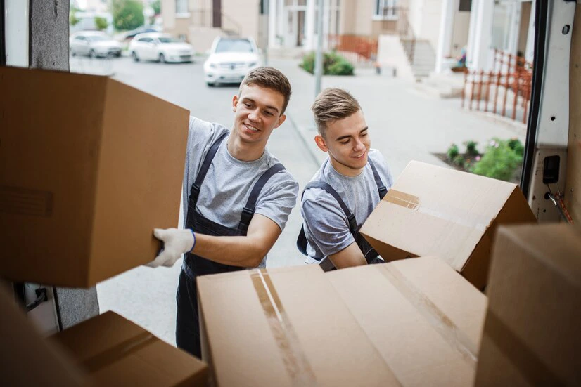 two-movers-wearing-uniforms-are-unloading Men working on Moving Household items